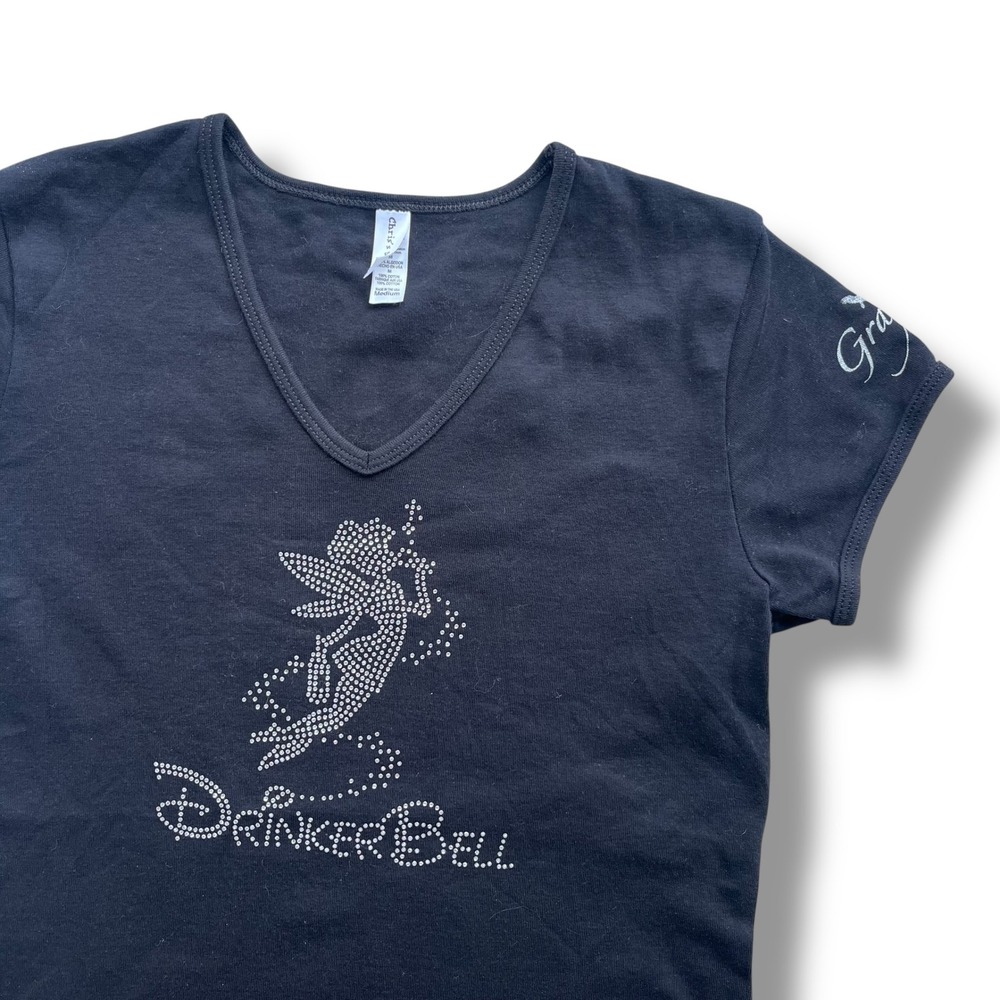 Chris's Stuff Womens M Black DrinkerBell Silver Rhinestone V-Neck T-Shirt Winery